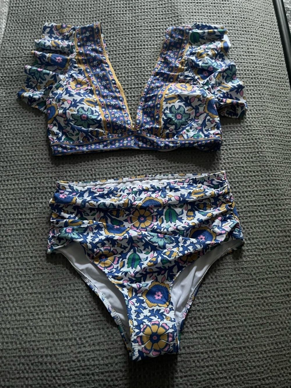 High-Waisted Floral Ruffle Bikini Set - Blue Multi - Picture 8 of 9